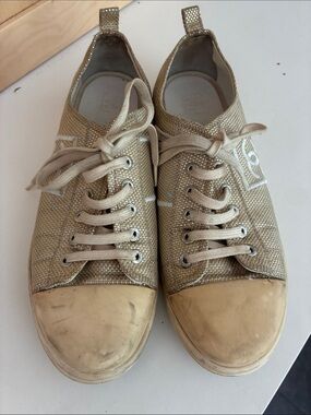 CHANEL Gold Glitter Low-Top Sneakers with White Laces
